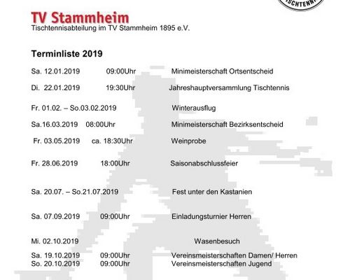 Terminübersicht für das Jahr 2019 ist online